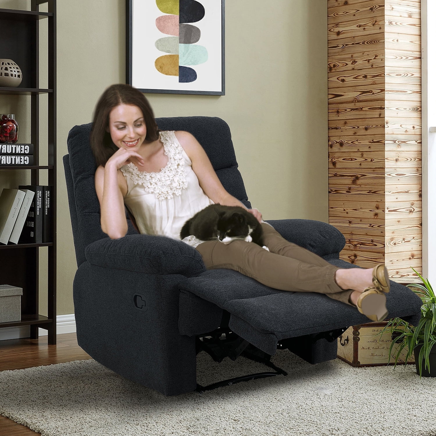 Nathaniel Home Recliner Chair, Upholstered Fabric Chair, Single Manual Reclining Sofa, Home Theater Seating, Footrest for Bedroom Elderly Lounge, Blue Grey
