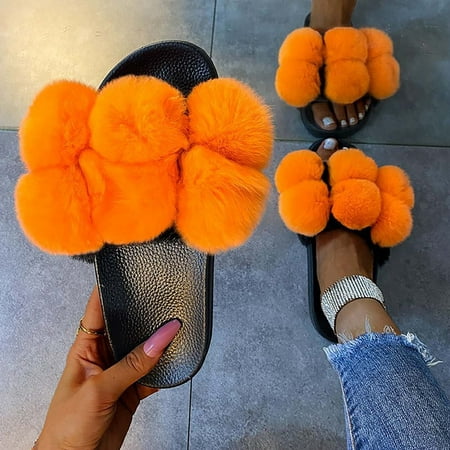 

EQWLJWE Color Hair Ball Plush Slippers Female New Large Size Plush Cotton Slippers Women s Slippers Holiday Clearance