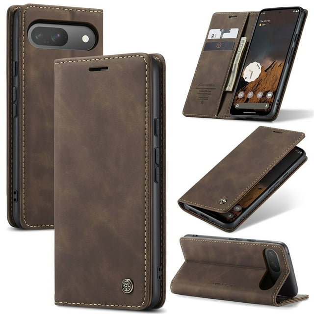 CaseMe Leather for Google Pixel 10/10 Pro Case, Flip Wallet Leather Case with Card Holder Magnetic Closure Shockproof Kickstand Protective Phone Cases Cover for Google Pixel 10/10 Pro,Coffee