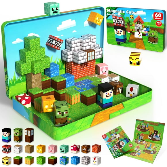 60 PCS Magnetic Blocks with Metal Box, 0.8in Mini Magnetic Building Cubes STEM Educational Toys for Kids Ages 3+ Boys Girls, Travel Airplane Classroo