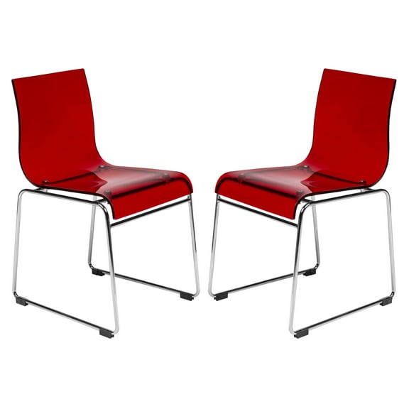 LeisureMod Lima Acrylic Chrome Finish Steel Frame, Stackable Accent Side Chair for Kitchen and Dining Room, Set of 2 (Transparent Red)