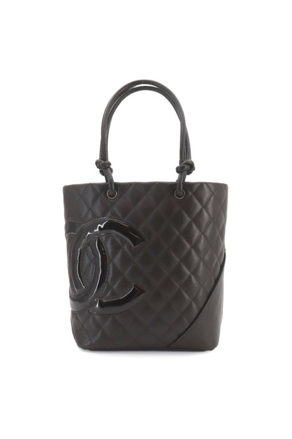 Pre-Owned Chanel Cambon Line Medium Tote Handbag, Calfskin Enamel Brown, A25167, Silver...