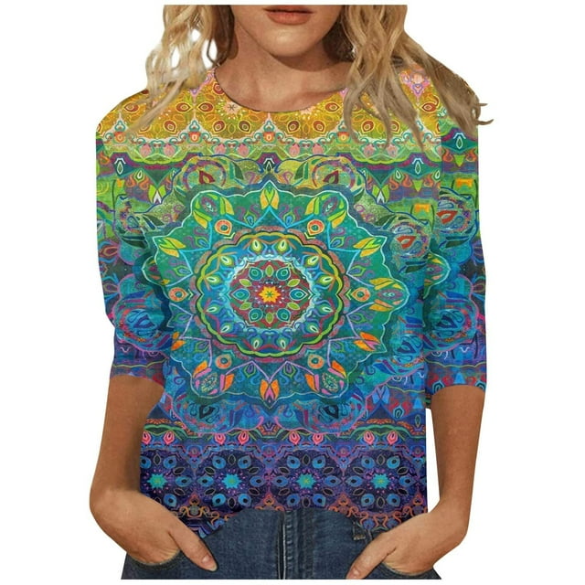Hauts Aguichant pour Femmes T-shirt Imprimé Mode Manches 3/4 Blouse Col Rond Hauts Décontractés Hauts Décontractés pour Femmes en Liquidation