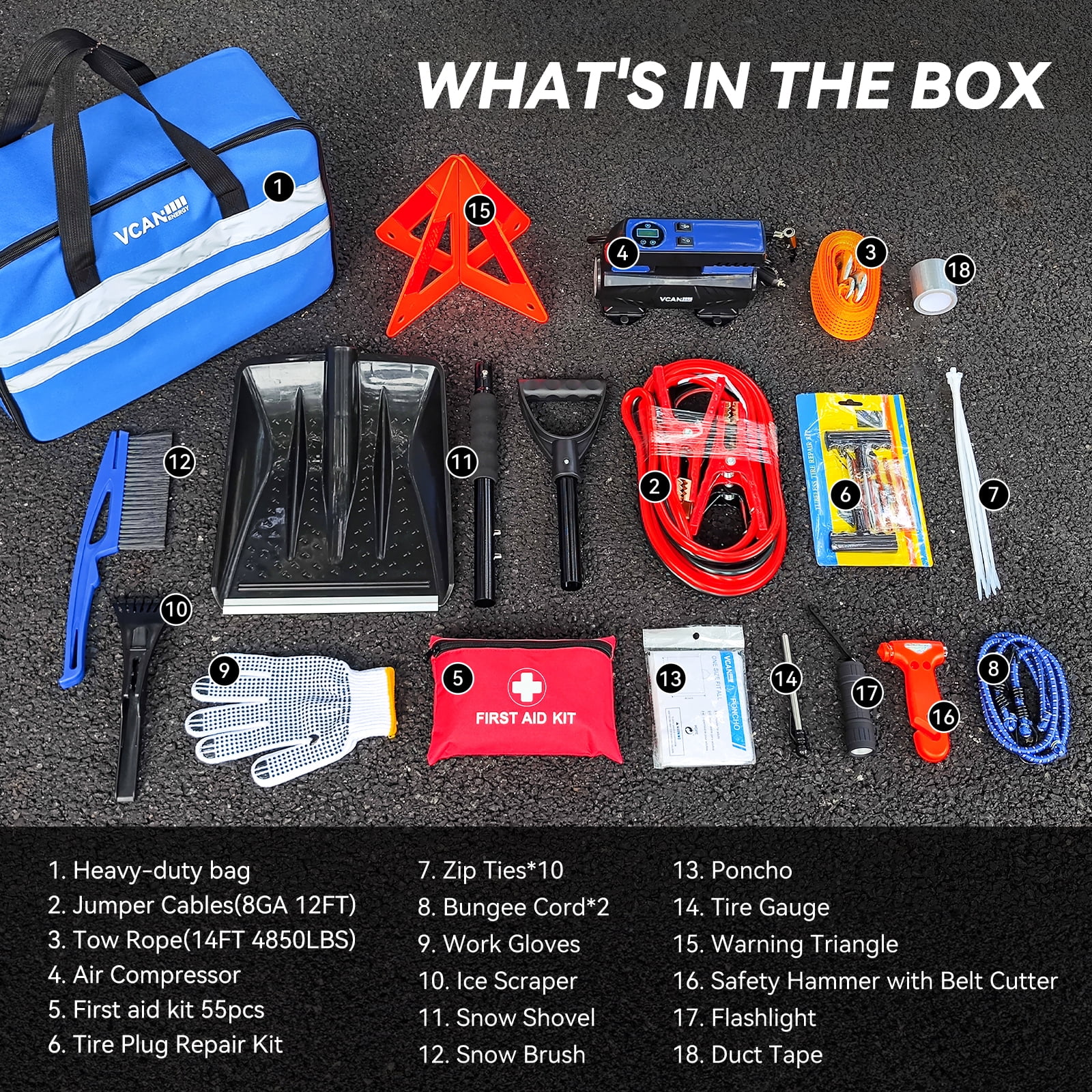 Car Emergency Safety Kit with Digital Air Compressor, Jumper Cables, First Aid & Detachable Snow Shovel for All Drivers