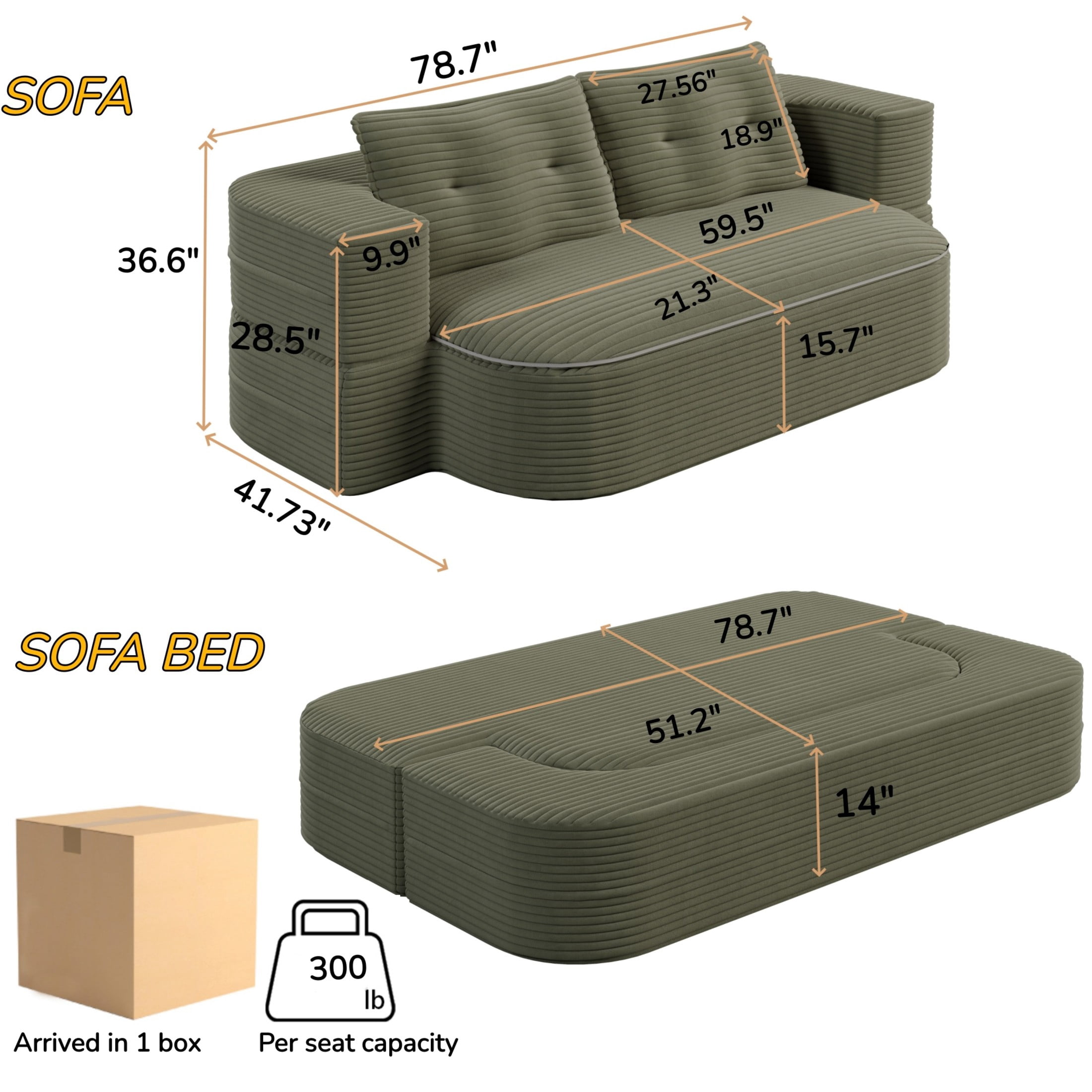 Noble House 79" Corduroy Convertible Floor Sofa Bed with Built-in Functional Blanket, Soft Pillows Sofa Couch, Coffee