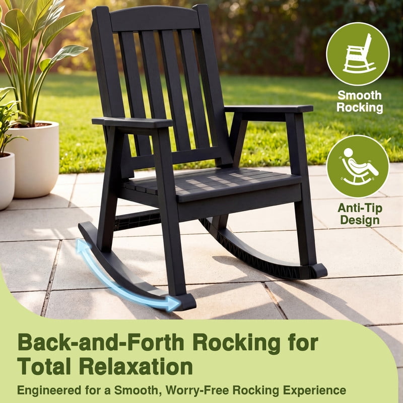 Vineego Oversized Outdoor Rocking Chair Set of 2, Heavy Duty Patio Rocker, All-Weather Resistant Front Porch Lawn Chairs for Outside, Black
