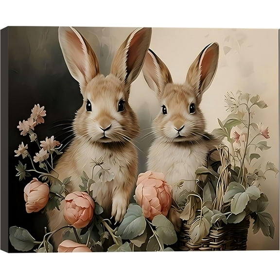 Aaheei Easter Wall Art for Living Room Decorations, Vintage Bunny Floral Painting Canvas Prints for Bedroom, Farmhouse Rabbit Artwork Picture Wall Decor, Spring Easter Decor