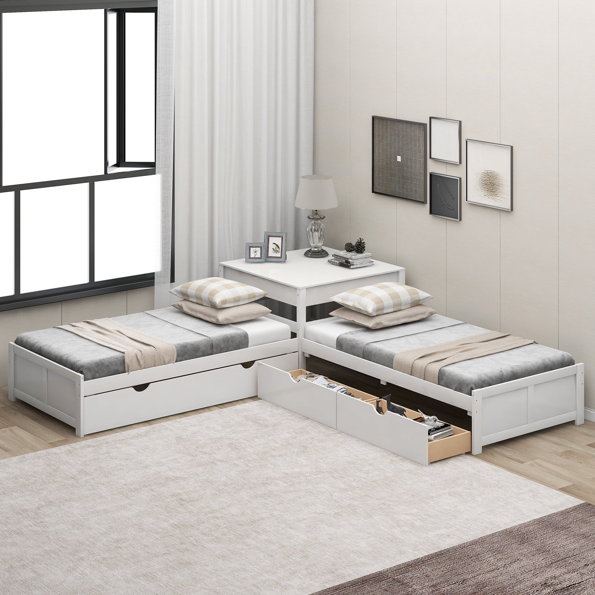 Euroco Pine Wood L-Shaped Twin Platform Bed with Trundle, 3 Beds in One for Bedroom, Trundle Bed with Drawers and Built-in Desk, White