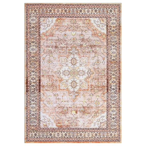 Washable Oriental Area Rug, Distressed Vintage Floral Soft Carpet, Non-Slip Retro Indoor Accent Rug for Living Room, Bedroom & Dining Room Decor