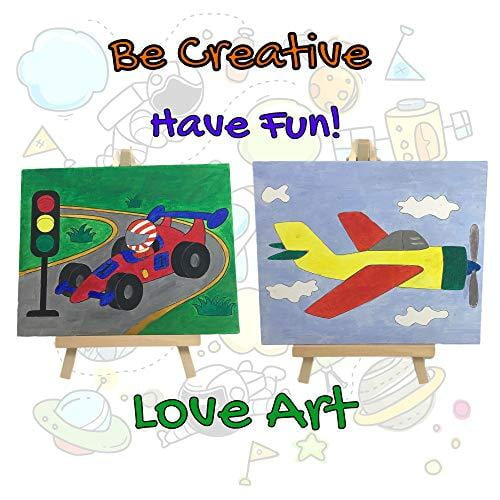 Paint Easel Kids Art Set- 14-Piece Acrylic Painting Kit with 6 Non Toxic Washable Paints 1 Wood Easel 3 Brushes 2 Pre-Stenciled Canvases 8 x 10 inches Palette and Color Mixing Chart Craft Supplies