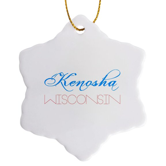 3drose, Kenosha, Wisconsin Patriotic, Decorative, Blue, Red Text, 3 inch Snowflake Porcelain Ornament