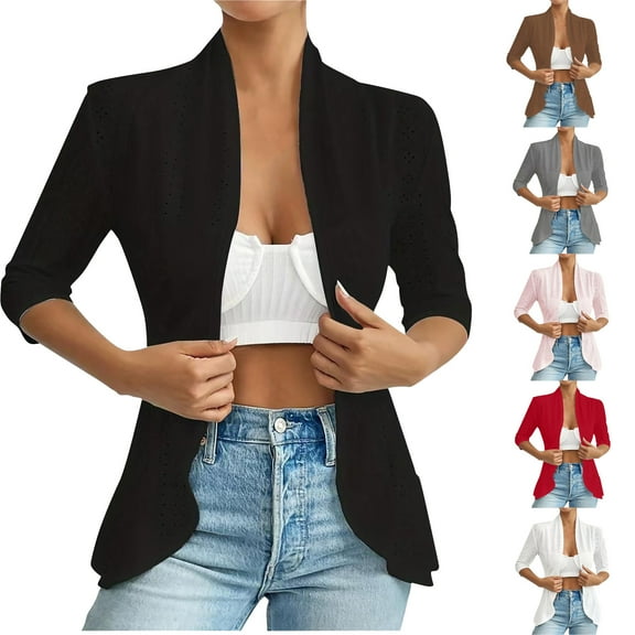 Dgankt Winter Clothing for Women Women's 3/4 Sleeve Solid Color Hollowed Out Casual Cardigan Jacket