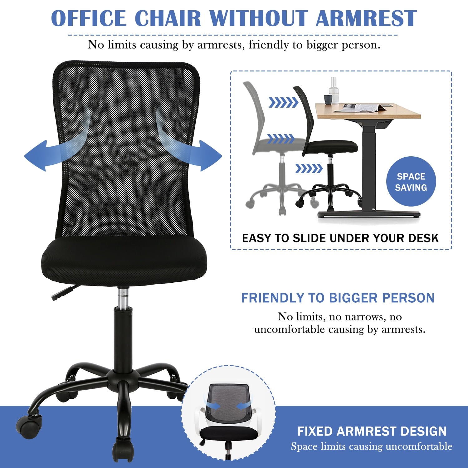 NiamVelo Armless Mesh Office Chair Adjustable Ergonomic Desk Chair with Casters, Mid Back Swivel Rolling Executive Task Chair for Home Office, Black