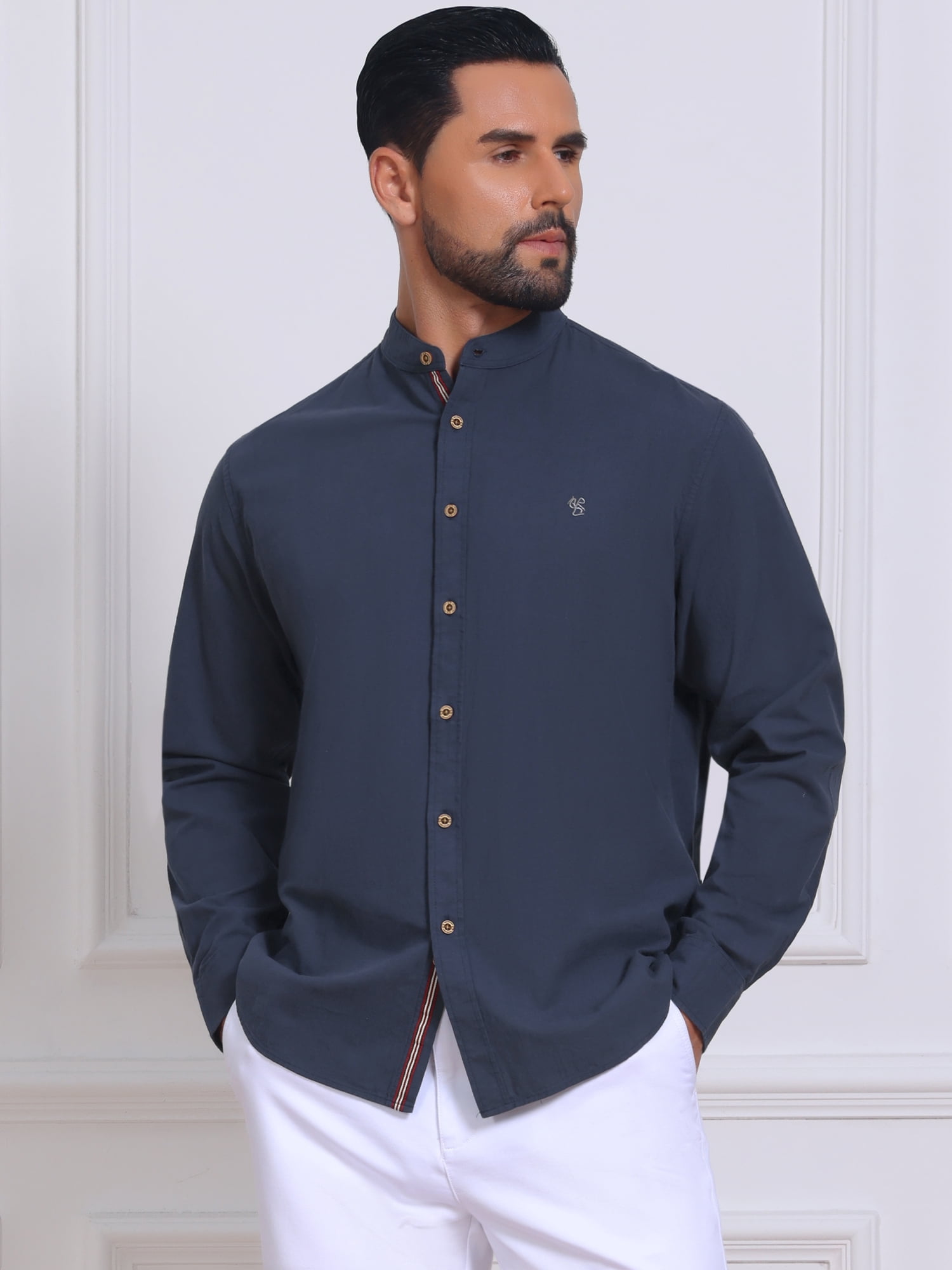 DARING DIVA Men's Stand Collar Long Sleeves Button Down Linen Shirts XL Dark Blue