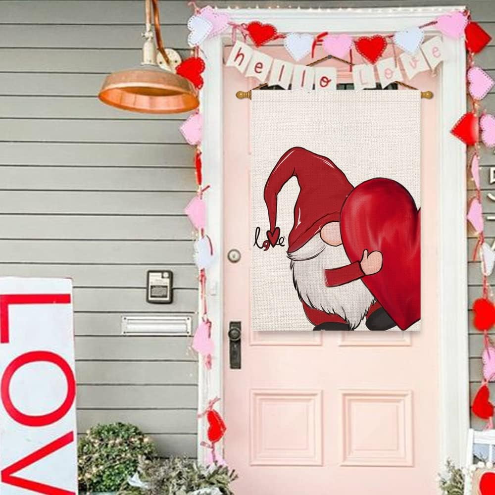 Valentines Day Gnome House Flag Double Sided 28x40 Inch Red Heart Love Valentine‘s Day Wedding Anniversary Holiday Farmhouse Outdoor Decoration Garden Yard Flags Lawn
