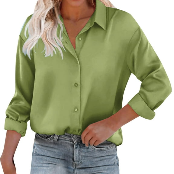 Gyexs Satin Blouses for Women Long Sleeve Button Down Silk Shirts Business Casual Loose Workwear Tunic Tops Green, Size XXL