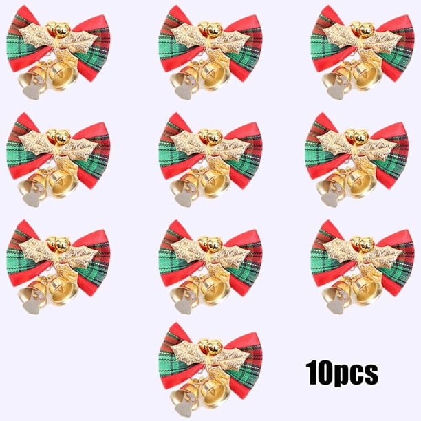 Lazos con campanas de 10 piezas, 5,5x3,5 cm, decoraciones artesanales, tela para regalo, adorno de árbol de fiesta, Corona Roja de Navidad
