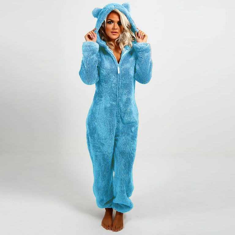 Women's Fuzzy Hooded Jumpsuit Zipper One-Piece Pajama Outfit Long Sleeve  Romper Sleepwear with Cute Bear Ears (Coffee, S) at  Women's Clothing  store