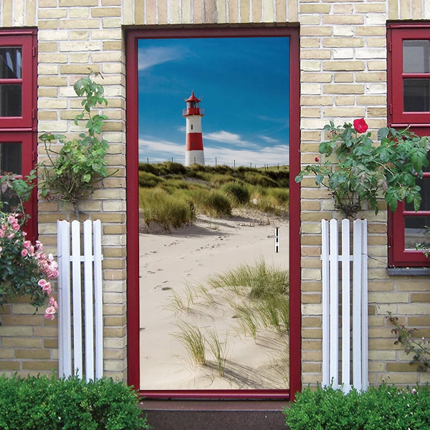 3D Door Stickers for Interior Doors Lighthouse Red White on Dune Sylt Island Germany Vinyl Waterproof Self Adhesive Door Mural,SP-F301,S(38.5x200cmx2Pcs)