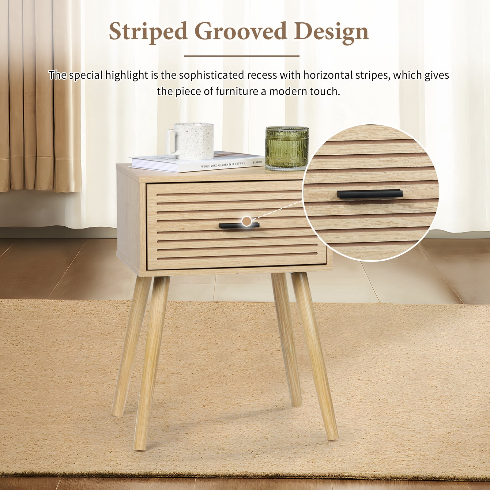 KATHY&BOB Striped Grooved Nightstand Set of 2, Bedside Table with Wood Storage Drawer, End Table for Bedroom, Natural
