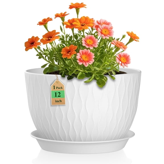 12 Inch Large Plant Pots for Indoor or Outdoor Plants, Wide Water Ripples Flower Pots with Drainage Holes & Saucer, Plastic Planters Set for Garden & Home Decor (White)