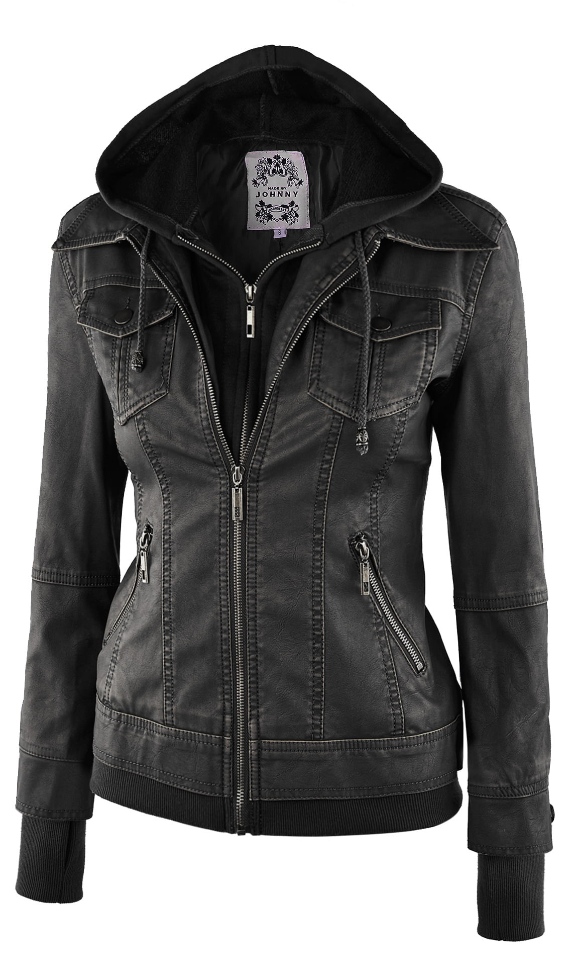 MBJ WJC664 Womens Faux Leather Jacket with Hoodie M BLACK