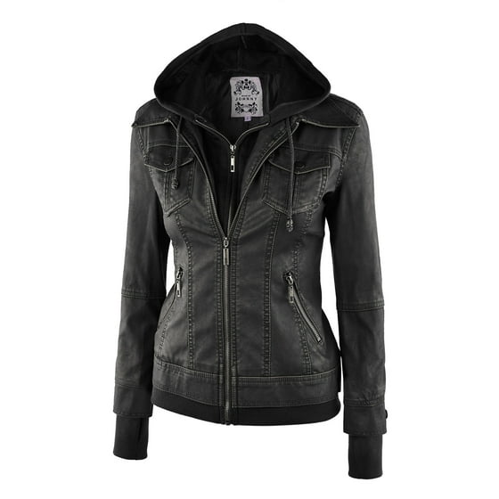 Made By Johnny - MBJ WJC664 Womens Faux Leather Jacket with Hoodie M ...