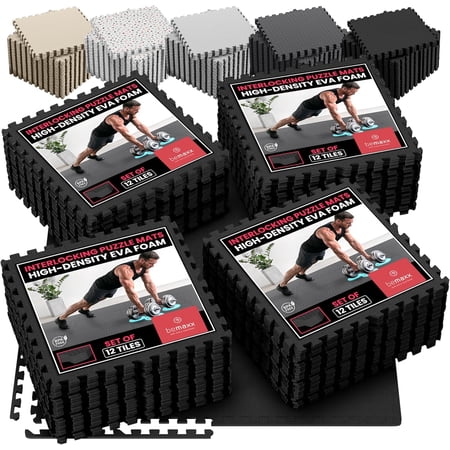 48 pcs EVA Interlocking Foam Floor Tiles (24.4"x24.4"x0.4") 192 sqft Protective Gym Flooring Sports Home Workout Exercise Mats Puzzle Garage Fitness Play-Room Pool Treadmill Bike