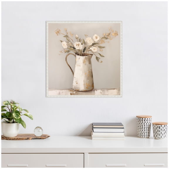 Kate and Laurel Pitcher with Flowers Boho Country 2 Framed Canvas Wall Art by The Creative Bunch Studio 22 x 22 Sylvie Beaded White, Bohemian, Still Life, Flowers Art for Wall Decor, Living Room,