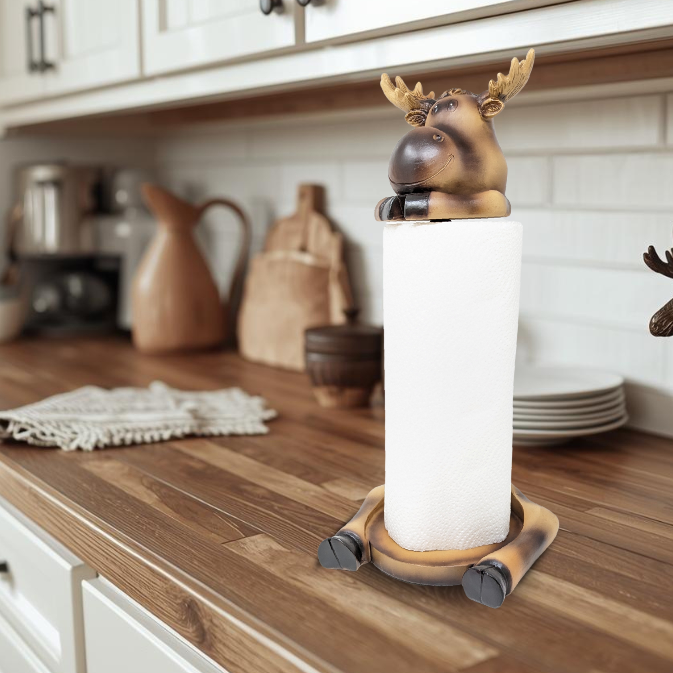 Moose Paper Towel Holder – Rustic Resin Freestanding Kitchen Countertop Paper Towel Stand – Lodge, Cabin, Farmhouse, or Woodland Decor – Funny Animal Kitchen Accessory & Moose Lover Gift Idea