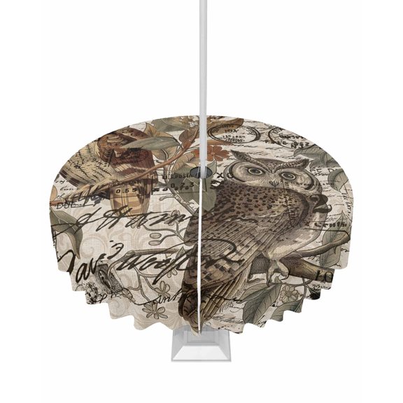 Fsddascl Country Owl Outdoor Tablecloth - 60 Inch Round Dining Table Cover, Rustic Sping Floral Botanical Postmark Waterproof Outdoor Table Cloth with Umbrella Hole & Zipper for Picnic/Patio/Party