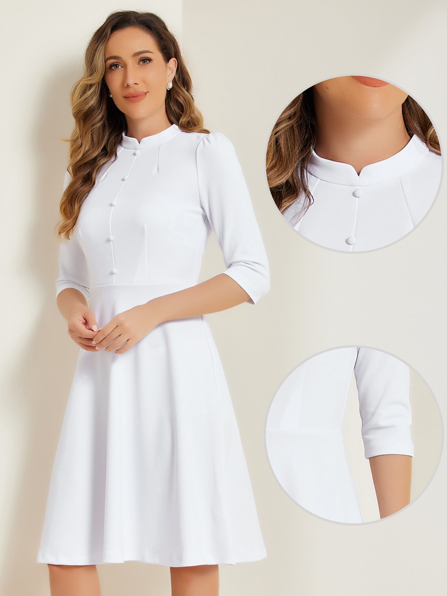 DARING DIVA Women's Sheath 3/4 Sleeves Stand Collar A-Line Dress M White