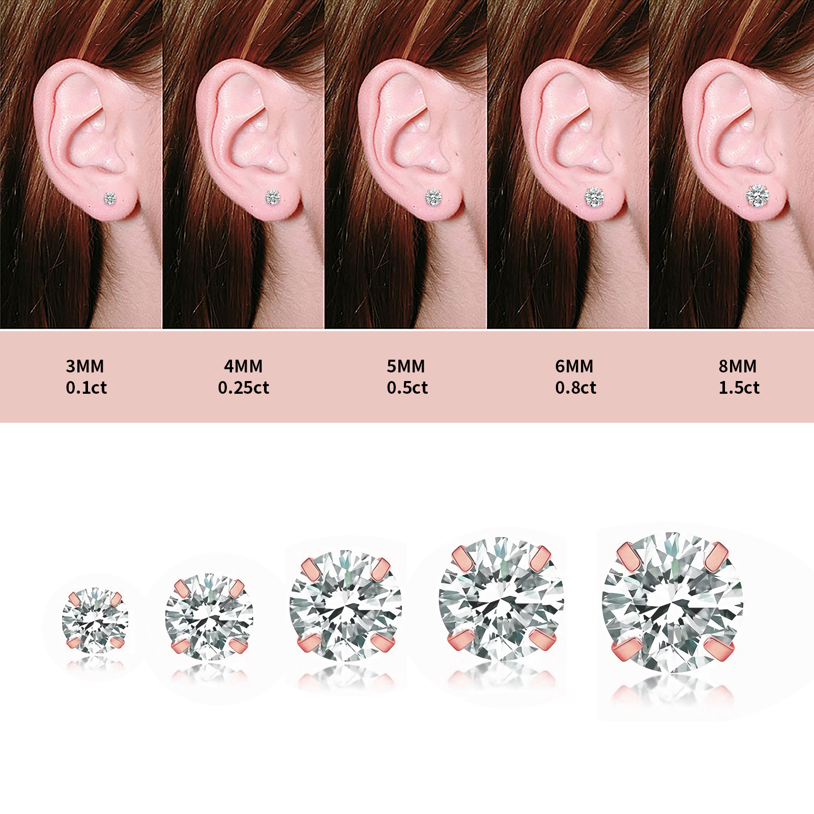 10K Rose Gold Earrings for Women Created White Sapphire Round Stud Earrings Plated for Women (8mm) - image 3 of 9