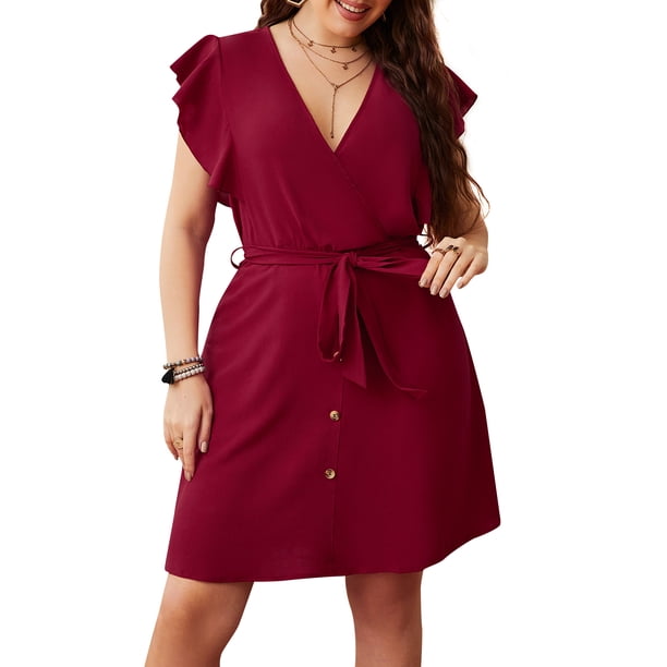 Vestido de talla grande para mujer, cuello en V, manga corta, cintura alta, cinturón, minivesti Abanopi Vestido