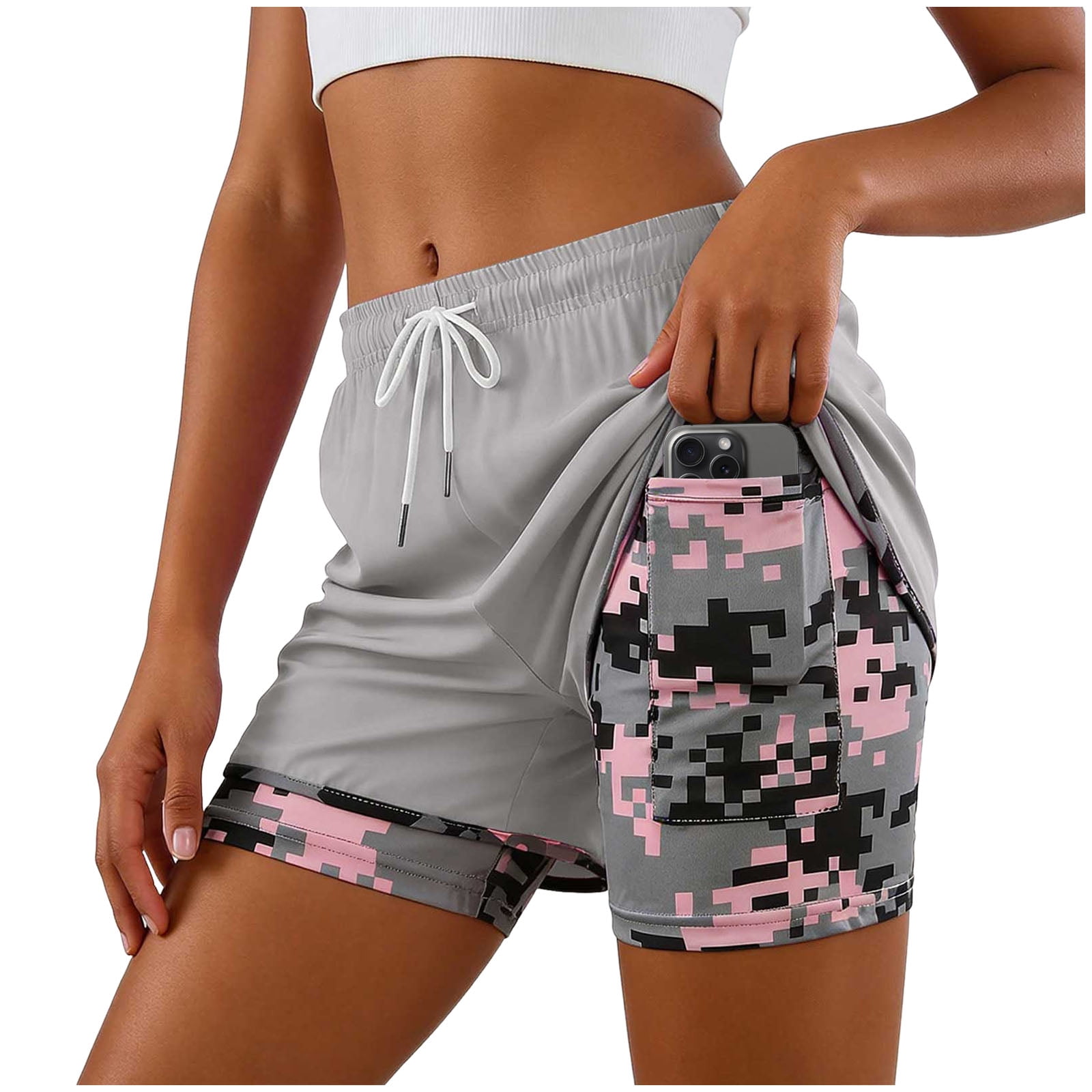 COMVALUE Womens Swim Trunks with Compression Liner Quick Dry 7 Inch Bathing Suit Beach Short with Zipper Pockets (Light Gray, XS)