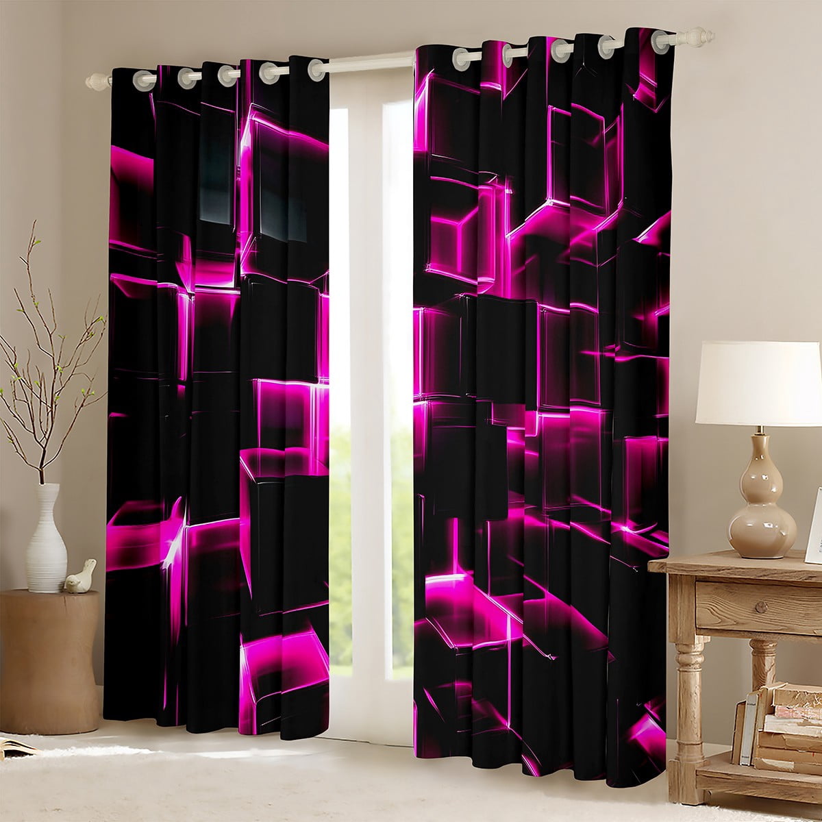 Erosebridal Pink Plaid Curtains and Drapes (38Wx54L),Futuristic Cubes 30%-50% Blackout Curtains for Bedroom,Curtains for Living Room,Buffalo Decoration