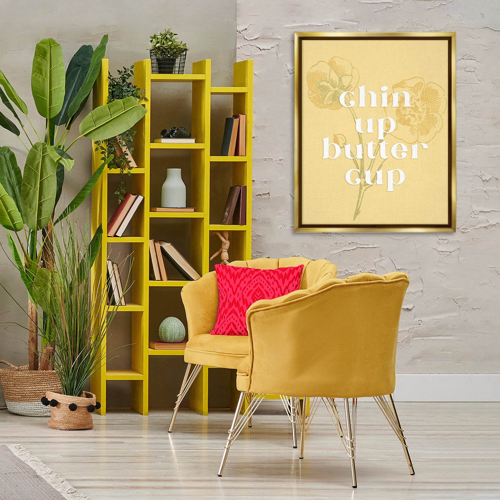 Stupell Industries Floral Chin Up Phrase Plants & Flowers Painting Gold Floater Framed Canvas Art Print Wall Art, 25 x 31