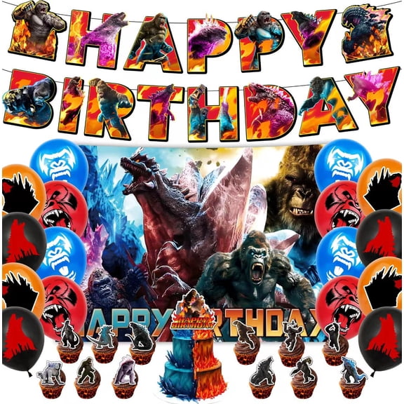 Ultimate Monster Battle Birthday Bash Set: Mega Banner, Family Backdrop, Giant Cake Topper   12 Mini Toppers, 16 Balloons - Easy Setup!