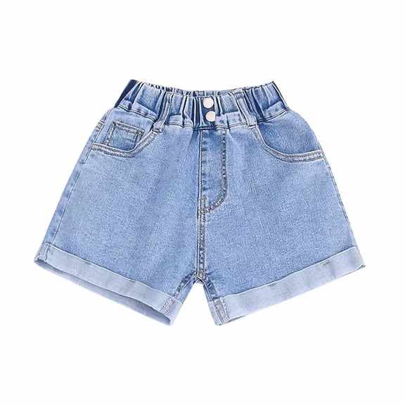 LIJCC Girls Summer Jean Shorts Athletic Denim Shorts Button Decoration Fashion Elastic High Waist Loose Sport Shorts(Blue,7-8 Years)