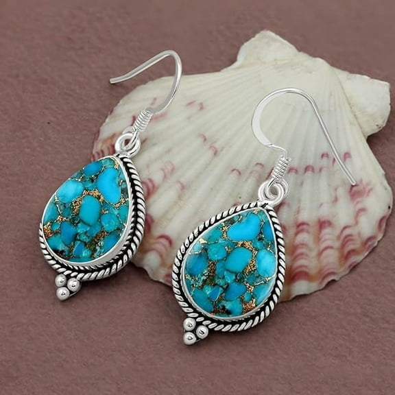 Blue Copper Turquoise Dangle Earrings for Women – Sterling Silver Teardrop Earrings with Fish Hook Back, Handmade Boho Gemstone Jewelry