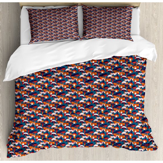 Mushroom Duvet Cover Set King Size, Colorful Pattern with Different Cartoon Style Forest Fungus Organic Ornaments, Decorative 3 Piece Bedding Set with 2 Pillow Shams, Multicolor, by Ambesonne