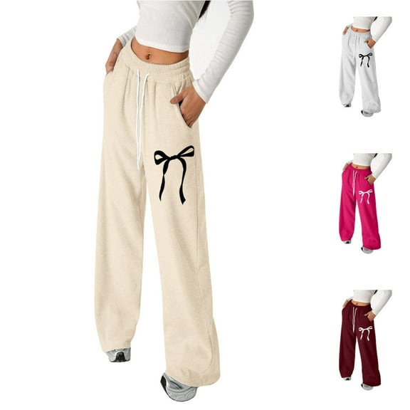 Girls Sweatpants with Pockets Bow Printed Baggy Straight Leg Casual Pants Lightweight Elastic Waist Drawstring Sports Athletic Pants Beige Sizes 4-5 Y