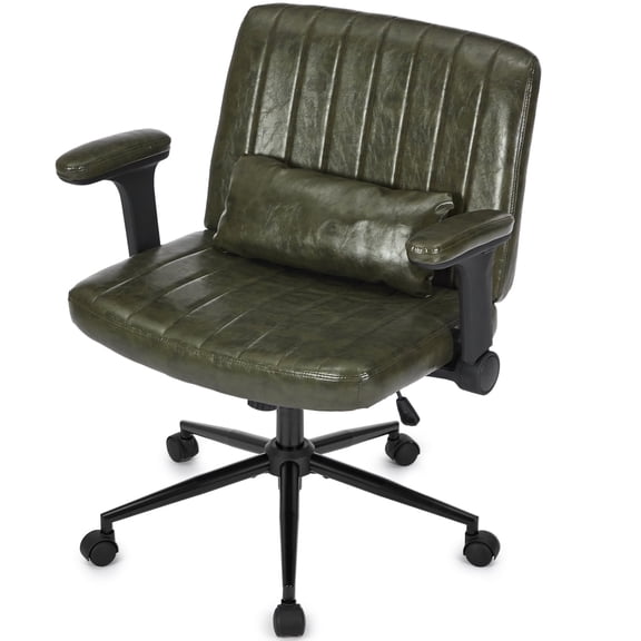 IPKIG Ergonomic Office Chair with Wheels, Green PU Leather, Wide Seat, Flip-Up Adjustable Arms, Swivel Desk Chair for Home and Computer Use