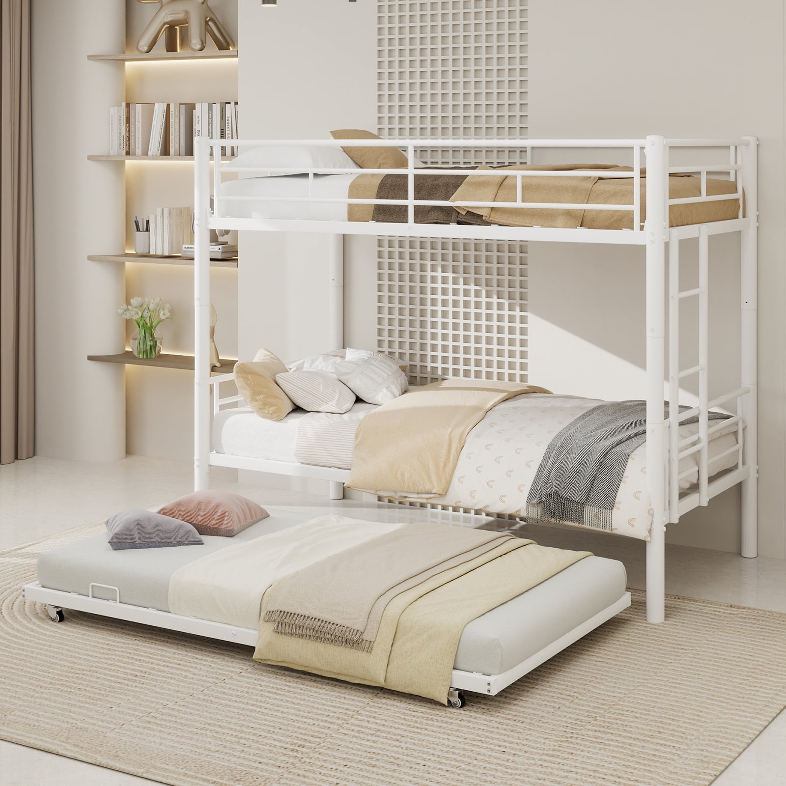 Alvantor Twin Bunk Bed with Trundle for Kids and Teens, Heavy Duty Metal Bed Frame, Triple Bunk Bed with Safety Rail Side White