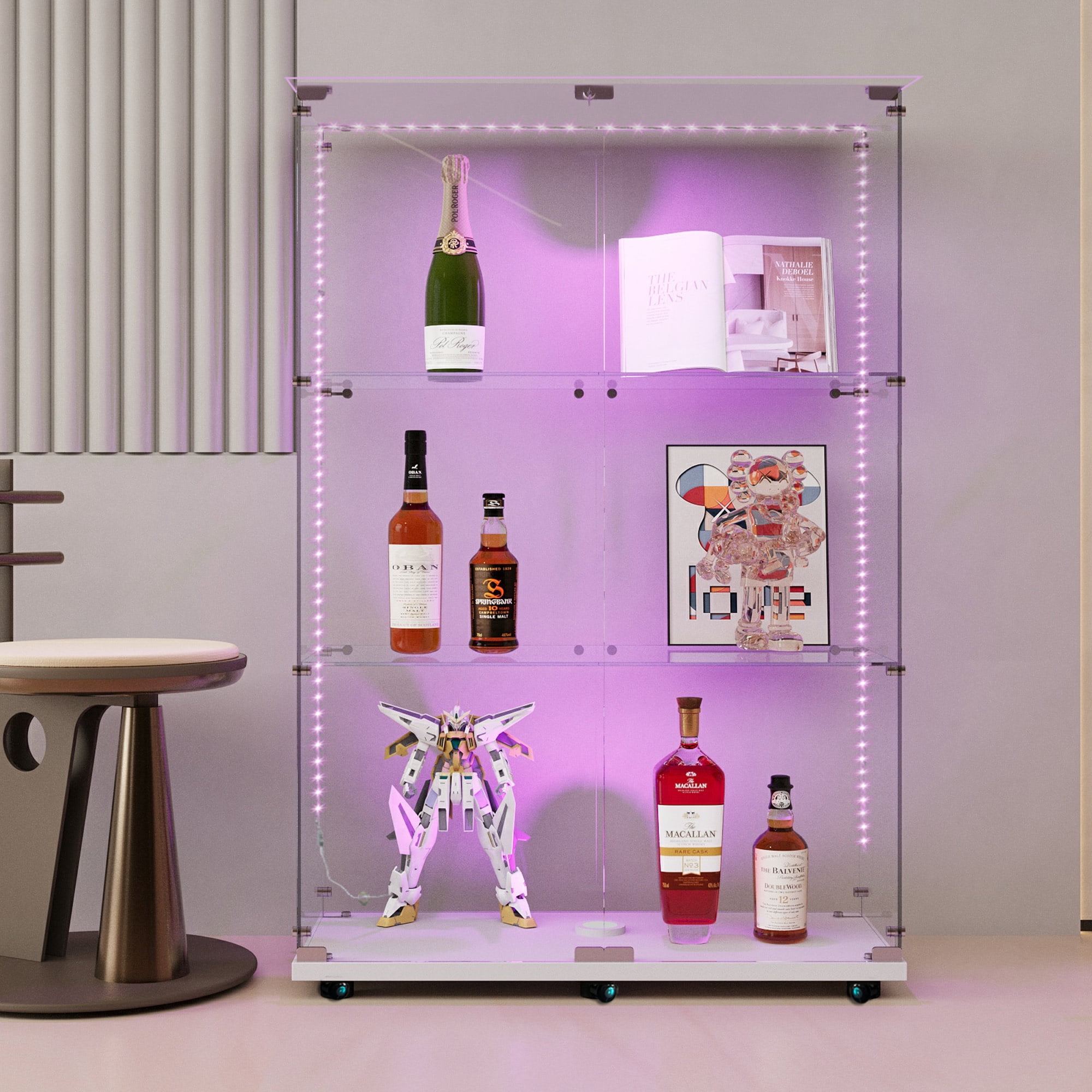 MAYEERTY 3 Tiers Glass Display Cabinet with Bluetooth LED Light Strip, Curio Storage Cabinet with 2 Door Wheels and Lock, Tempered Glass Top, White