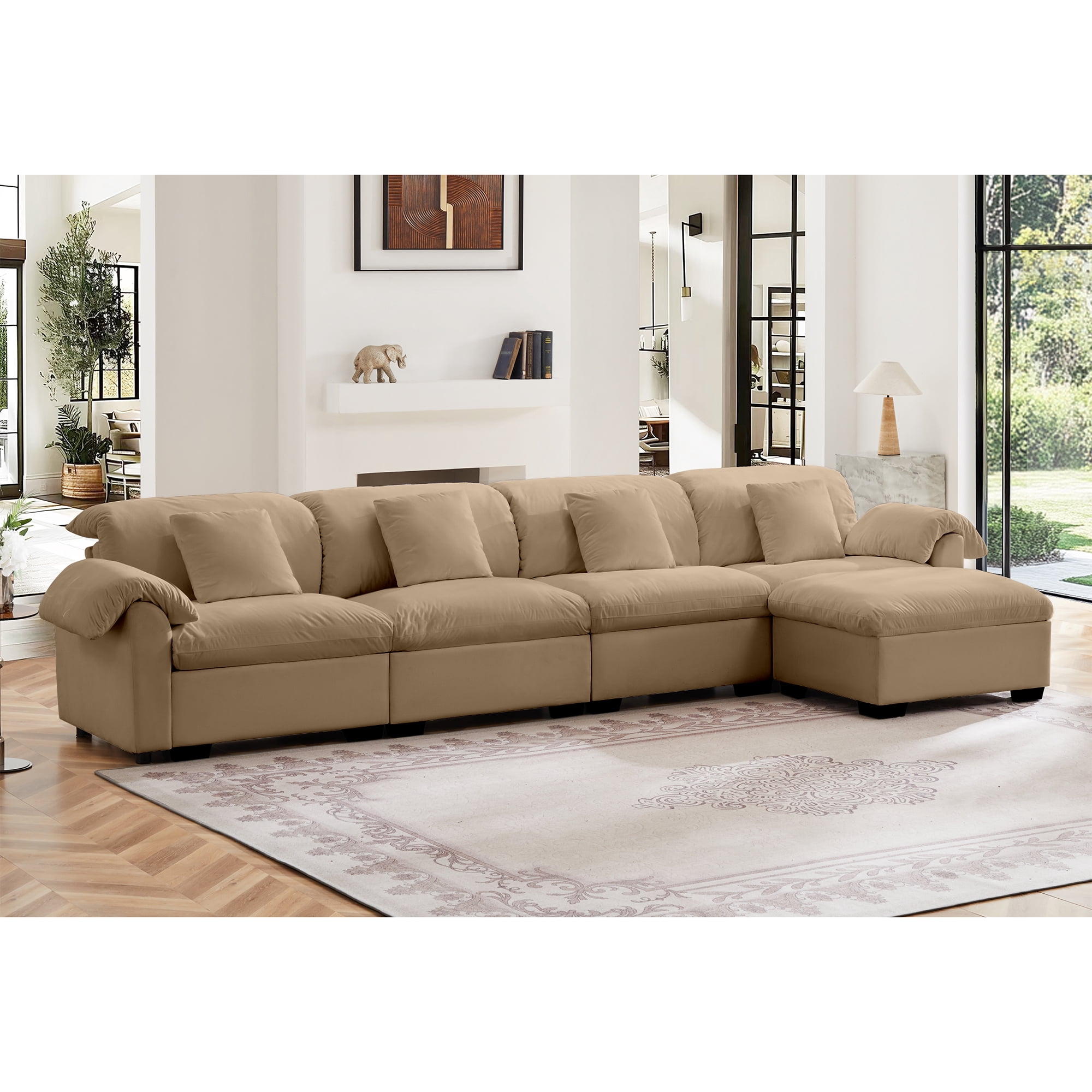 Gewnee Modern 4 Seaters 154.7"Deep Seat Comfy Velvet Oversize Sofa Couch with 1 Storage Footstool and 4 Waist Pillows for Living Room