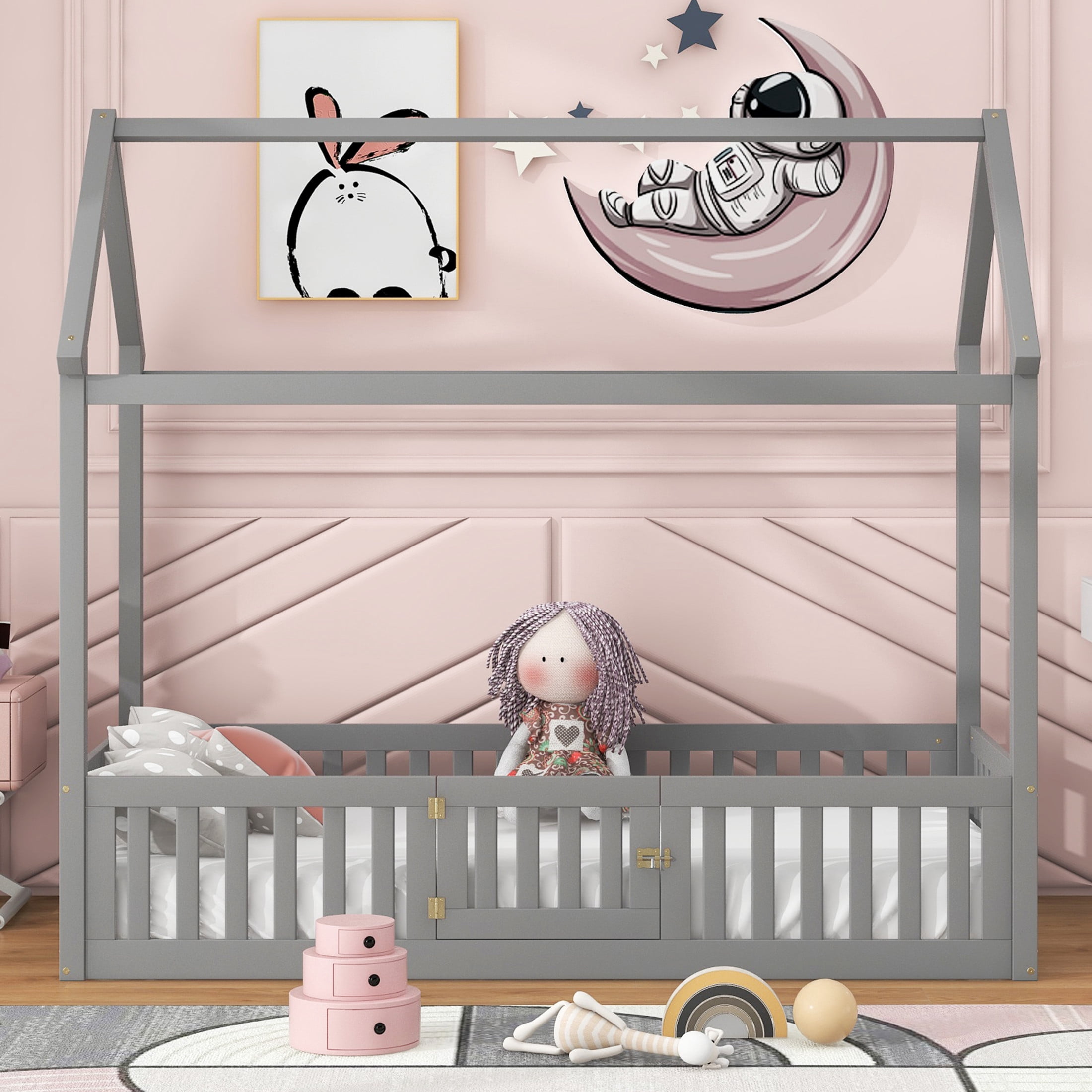Noble House Solri Twin Size Wood House Bed with Fence and Door, Whimsical Play Bed with Sky Roof, Gray