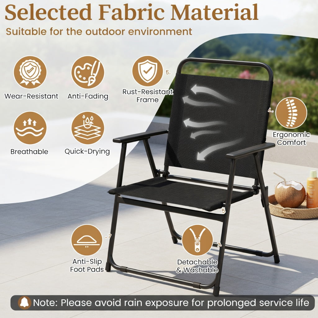 Hommoo 3-Piece Outdoor Folding Patio Set, 2 Folding Chairs + 18" Square Coffee Table, Heavy-Duty Metal Frame, Breathable Fabric, Compact Storage, Black