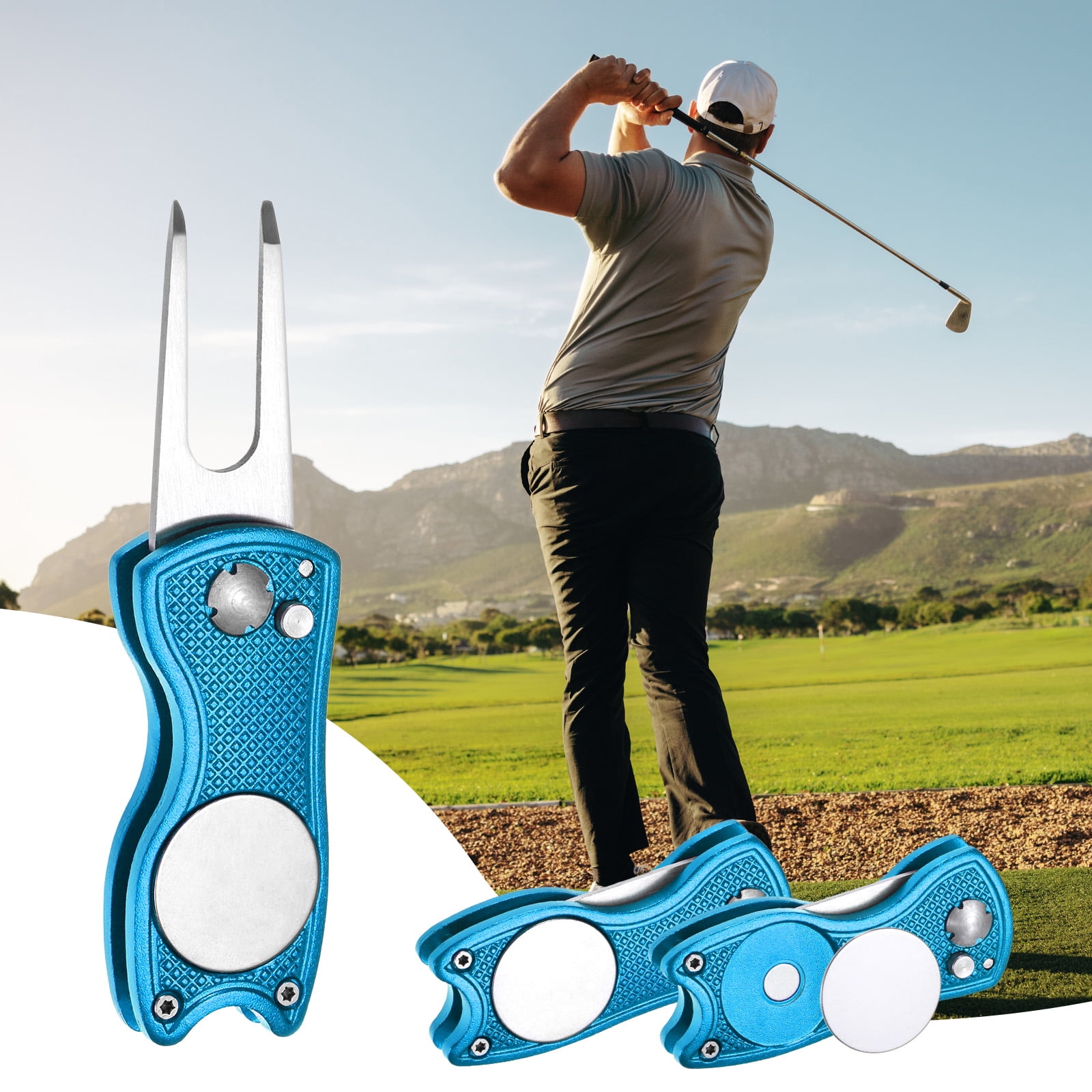 Uxcell Golf Divot Repair Tool [4PCS] - Switch Foldable Divot Tool Rack with Magnetic Ball Marker - [Blue] Green Fork Tines