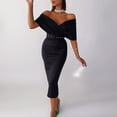 thumbnail image 2 of Aayomet Plus Size Dress for Women Women Elegant Dress Solid Color Dress Off Shoulder Dresses Party Club Evening V Neck,Black S, 2 of 5